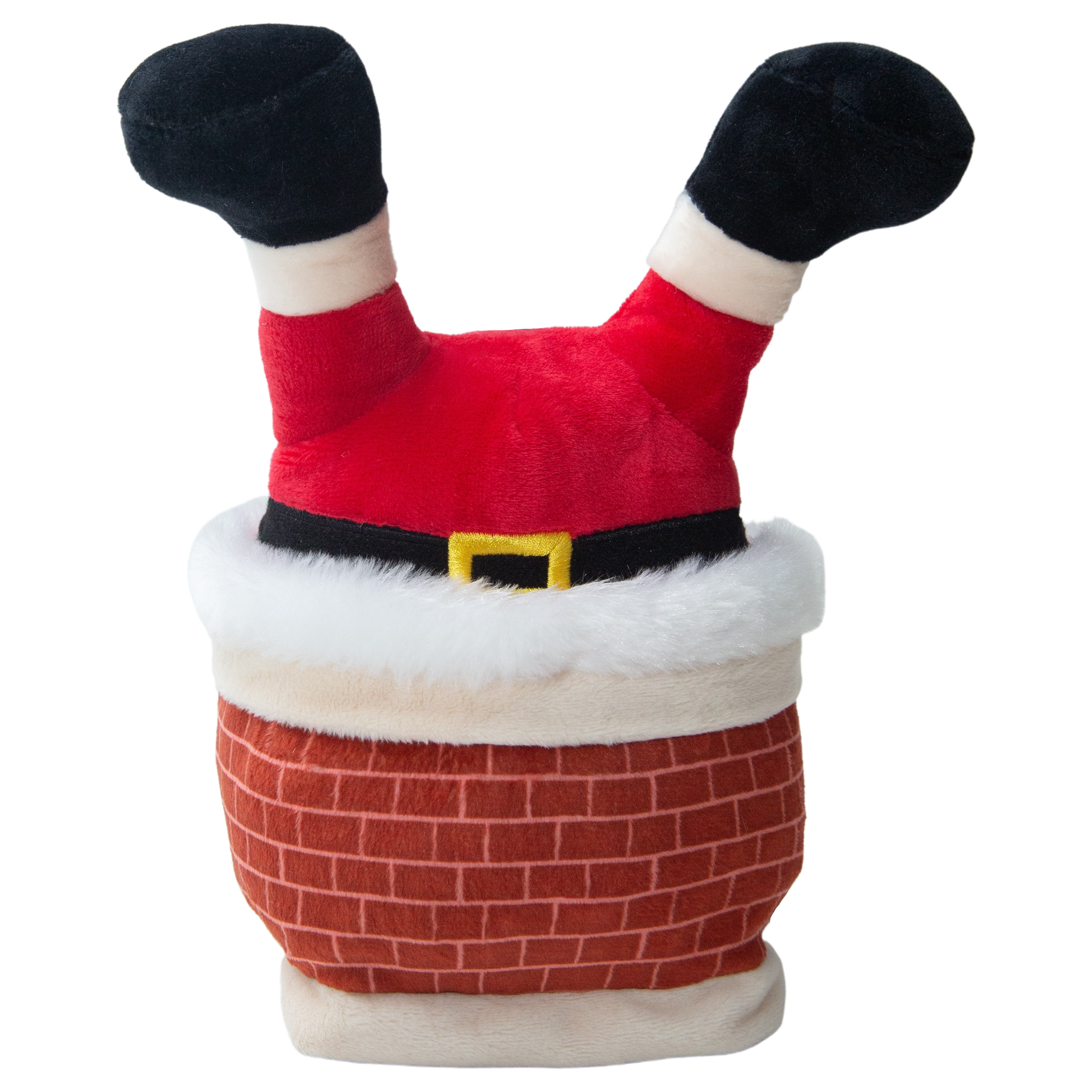 The Snugarooz Slippin Santa is a plush Christmas dog toy featuring Santa Claus upside down in a furry-brimmed chimney, with his legs, boots, and red suit sticking out.
