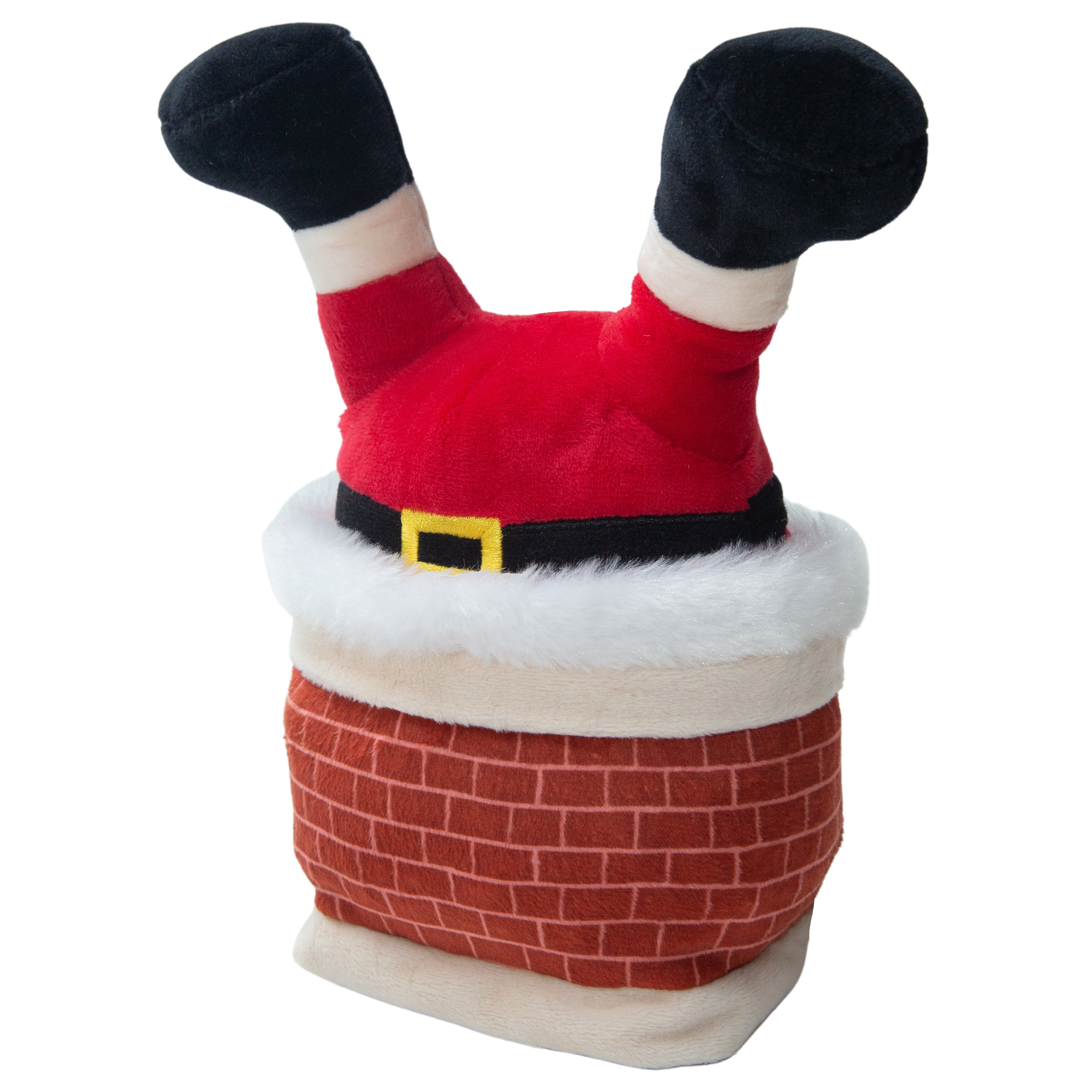 The Snugarooz Slippin Santa is a plush Christmas dog toy featuring Santa Claus upside down in a furry-brimmed chimney, with his legs, boots, and red suit sticking out.