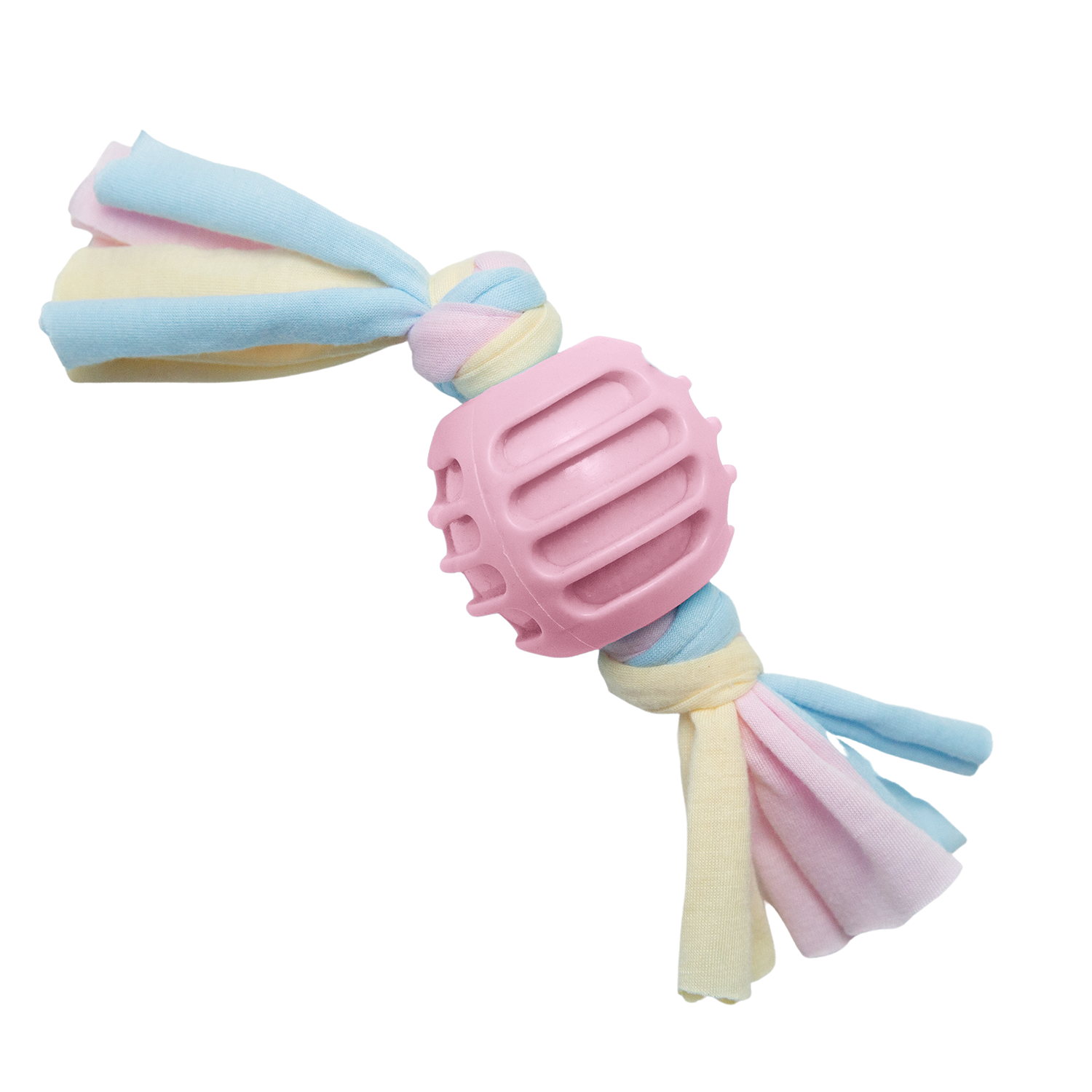 The Snugarooz Snuggle Ball is an eco-friendly dog toy with pastel blue, pink, and cream knotted fabric ends and a yellow textured rubber center that promotes dental health and entertains your pup.