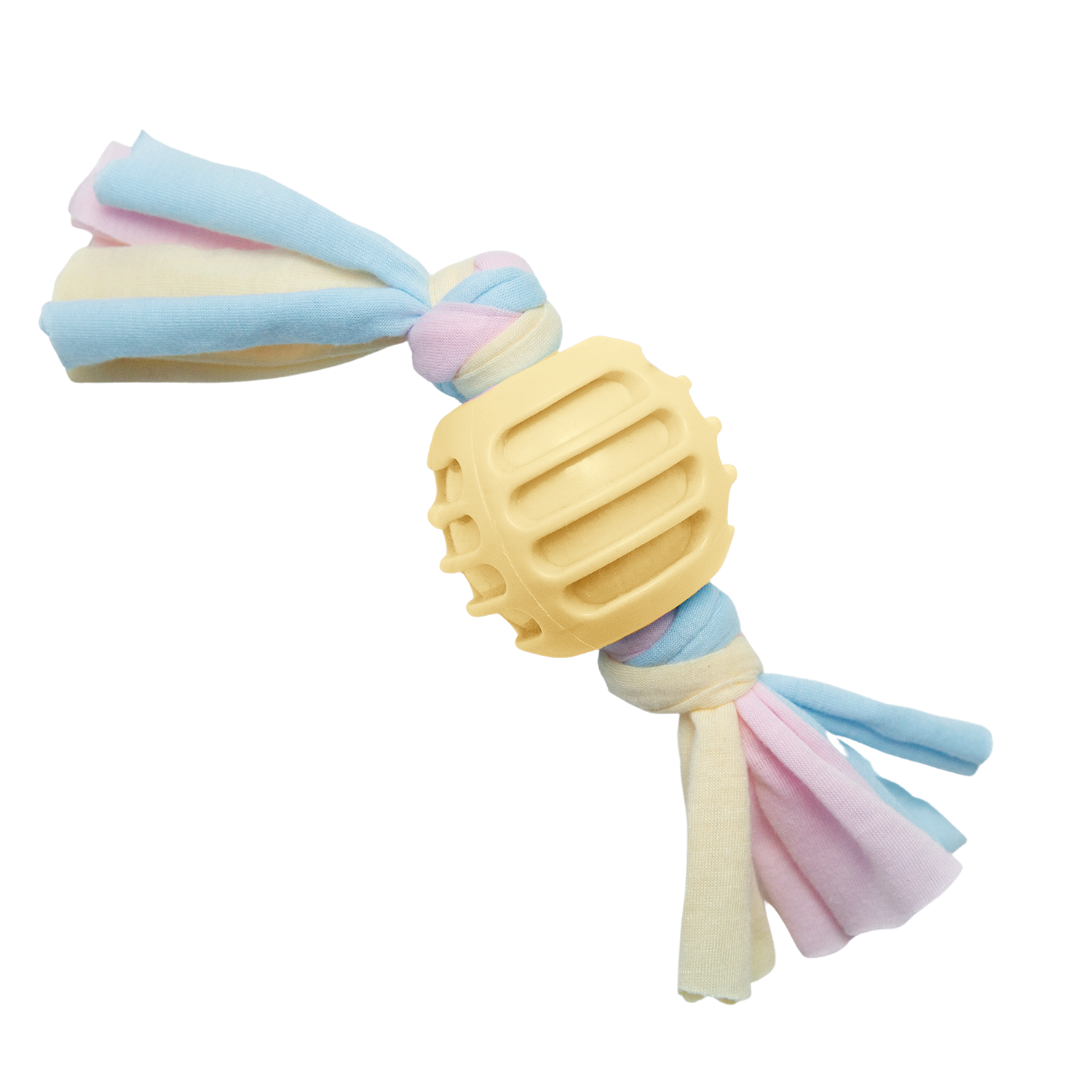 The Snugarooz Snuggle Ball is an eco-friendly dog toy with pastel blue, pink, and cream knotted fabric ends and a yellow textured rubber center that promotes dental health and entertains your pup.