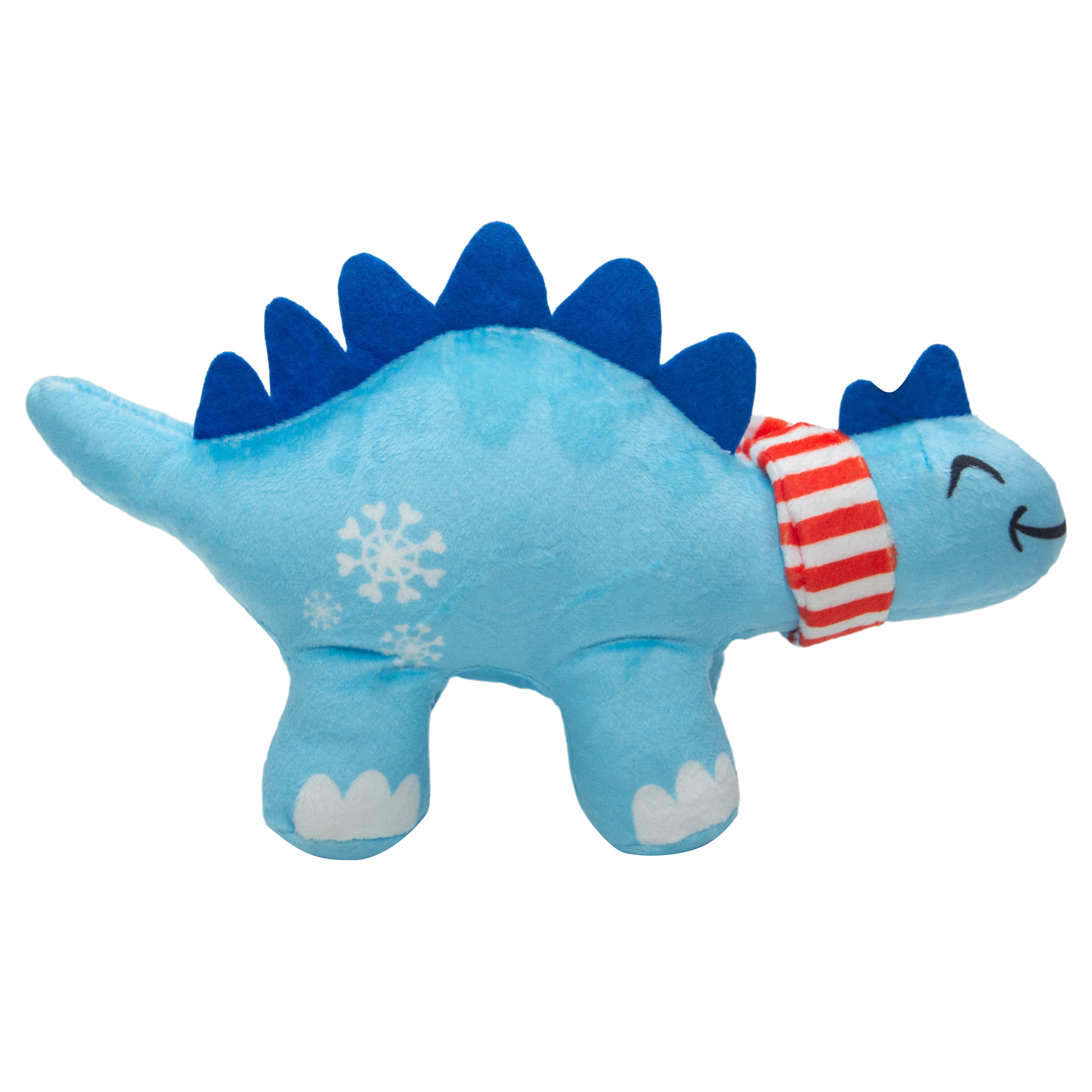 The Snugarooz Stego Claus is a blue plush dinosaur dog toy with dark blue spikes, a red and white striped scarf, snowflake patterns, and a smiling face—perfect for holiday fun with your pup.