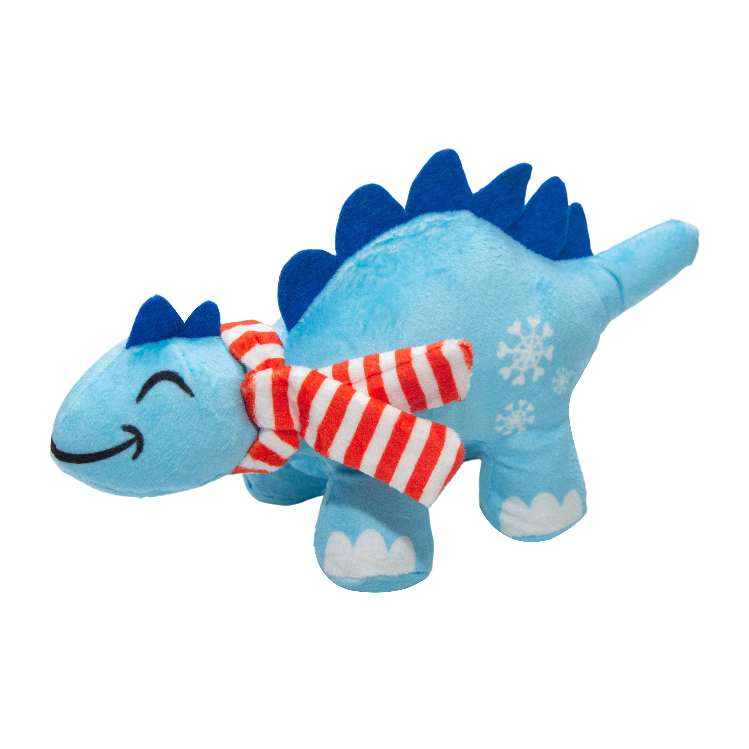 The Snugarooz Stego Claus is a blue plush dinosaur dog toy with dark blue spikes, a red and white striped scarf, snowflake patterns, and a smiling face—perfect for holiday fun with your pup.