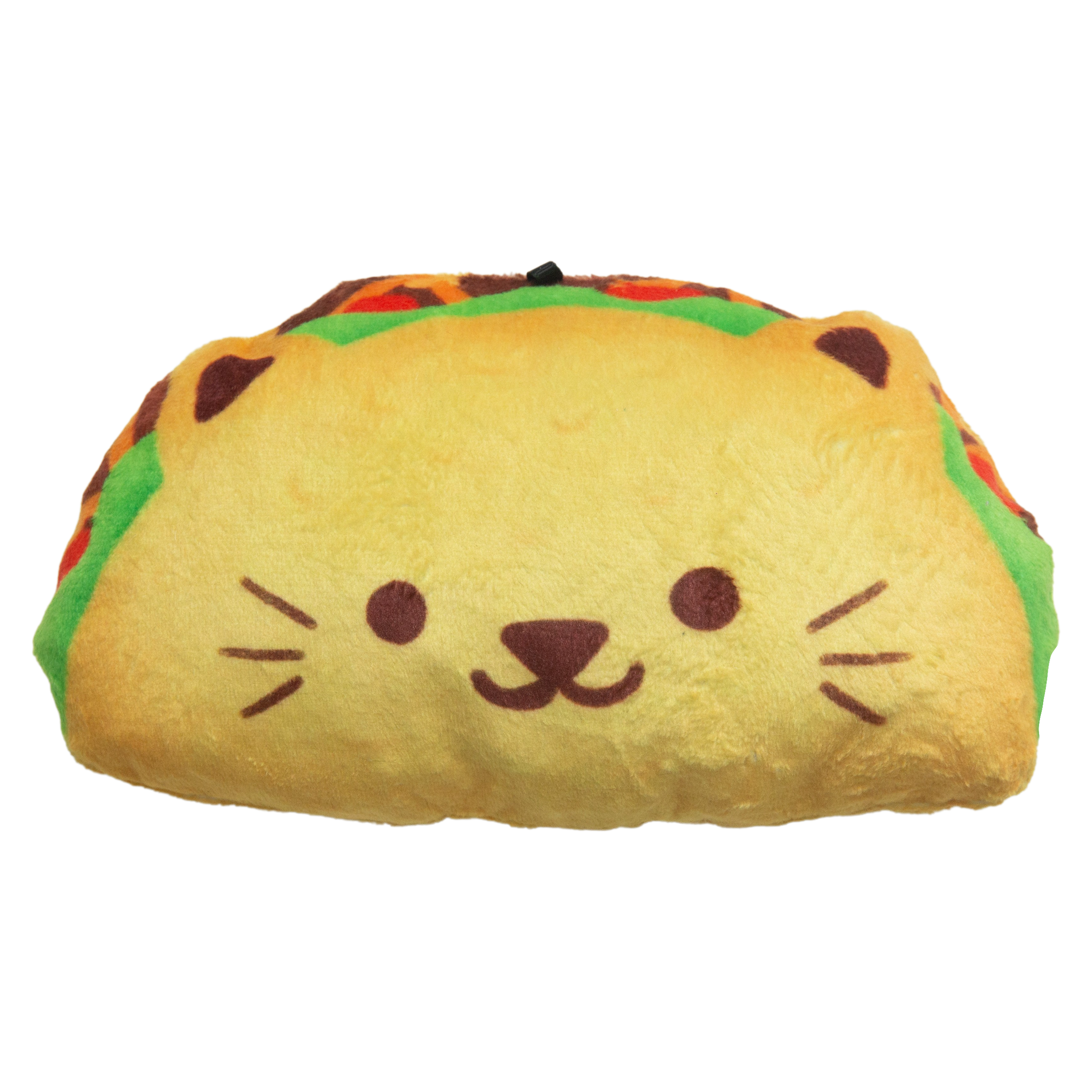 The Snugarooz #tacocat is a 4.5-inch tall, 8-inch wide plush taco-shaped cat toy made from recycled water bottles, featuring "TACOCAT" in pink with a scalloped white border for eco-friendly cuddles.