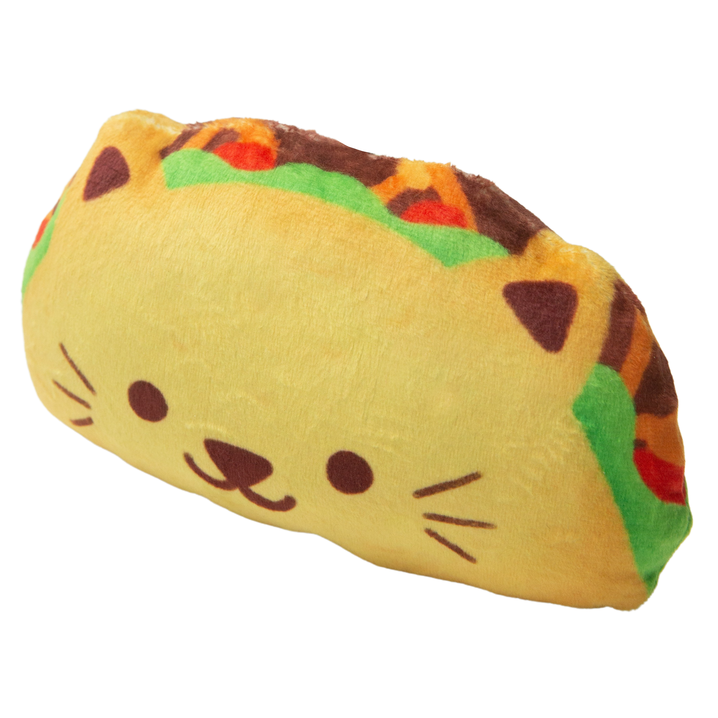 The Snugarooz #tacocat is a 4.5-inch tall, 8-inch wide plush taco-shaped cat toy made from recycled water bottles, featuring "TACOCAT" in pink with a scalloped white border for eco-friendly cuddles.