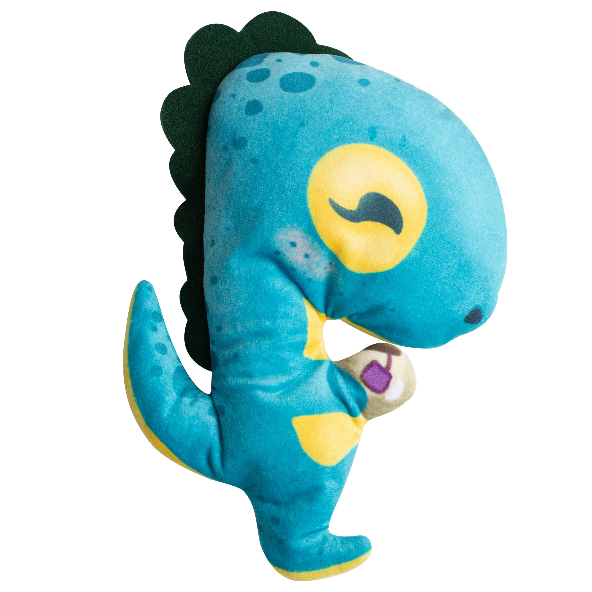 The Snugarooz Tea-Rex is a blue plush dinosaur toy with yellow spots, dark green spikes, and a purple and white egg. It features a smiling face and includes a fun crinkle squeaker inside.