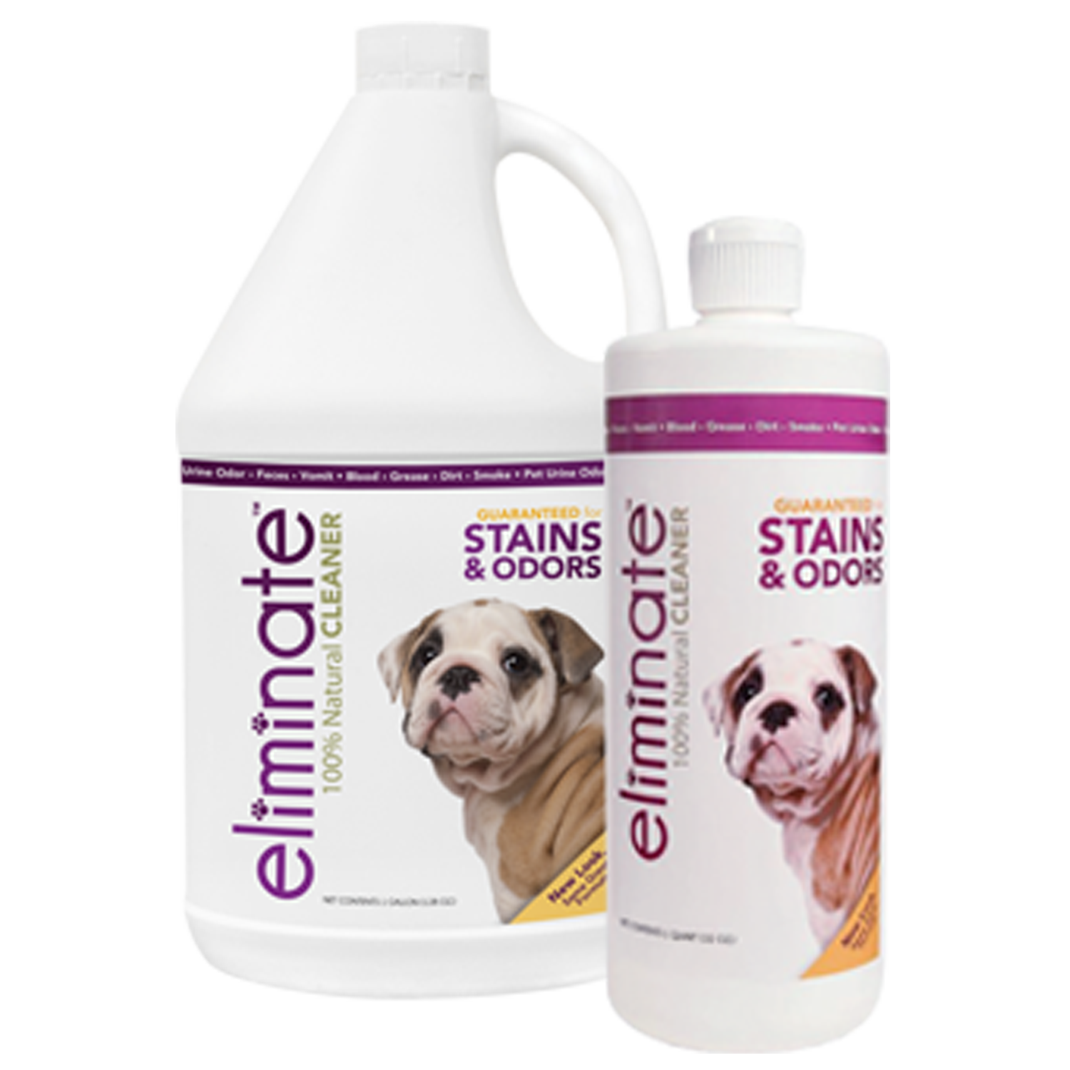 Two bottles of Health Extension Eliminate Stain & Odor Cleaner, one large and one small, both featuring a white and brown dog. Labels highlight Guaranteed Stains & Odors removal and 100% Natural Enzyme Cleaner for safe, effective use.