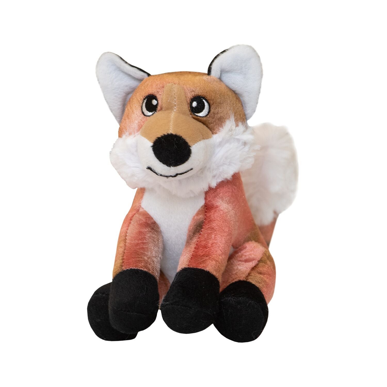 Fitz the Fox by Snugarooz is a plush dog toy featuring orange fur, a white belly and cheeks, black paws, and big expressive eyes. It sits upright on a white background—ideal for your pup’s playtime.