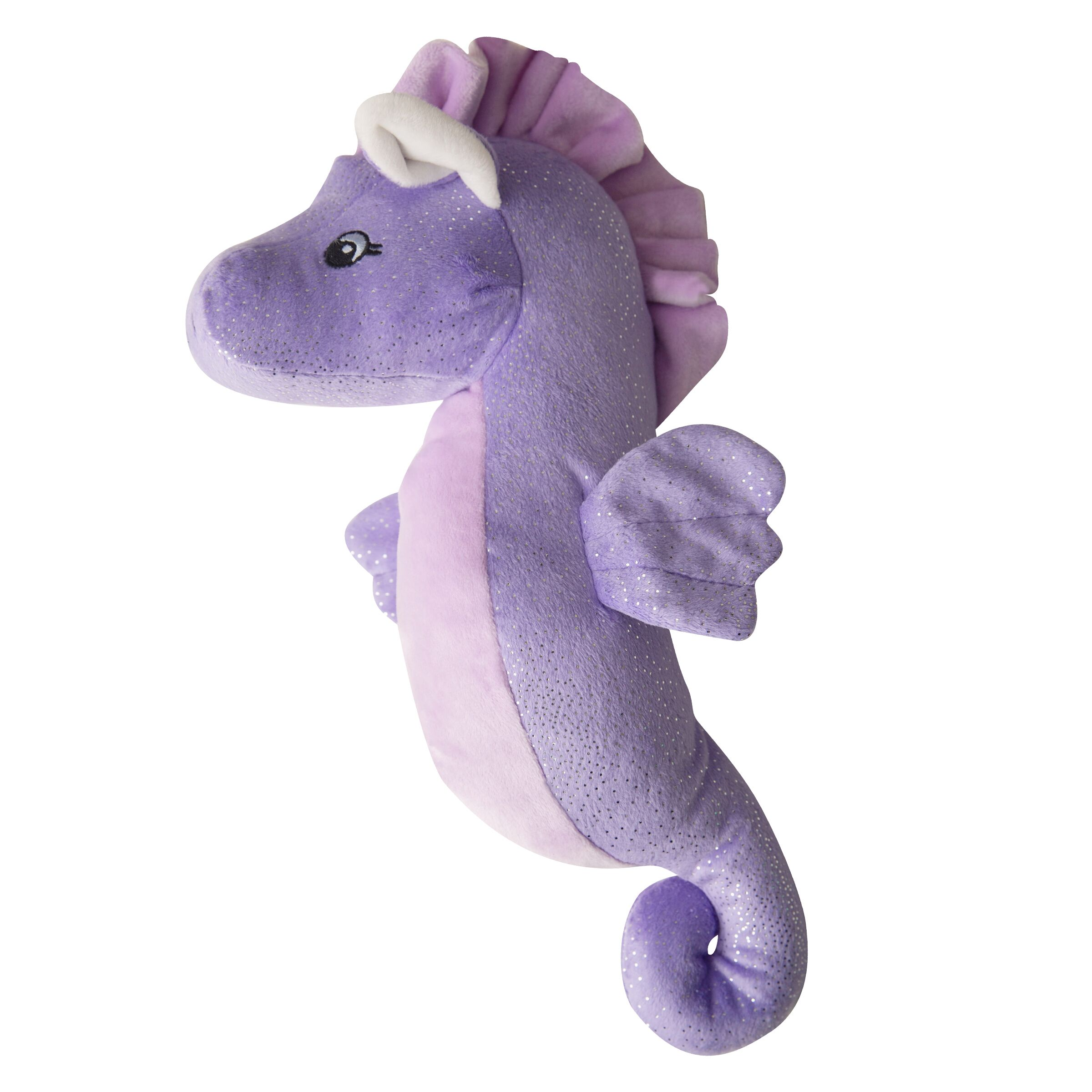 Shelly the Sea Horse by Snugarooz is an adorable, eco-friendly dog toy in purple and lavender with sparkly wings, a curled tail, and a white mane—perfect for your pet.