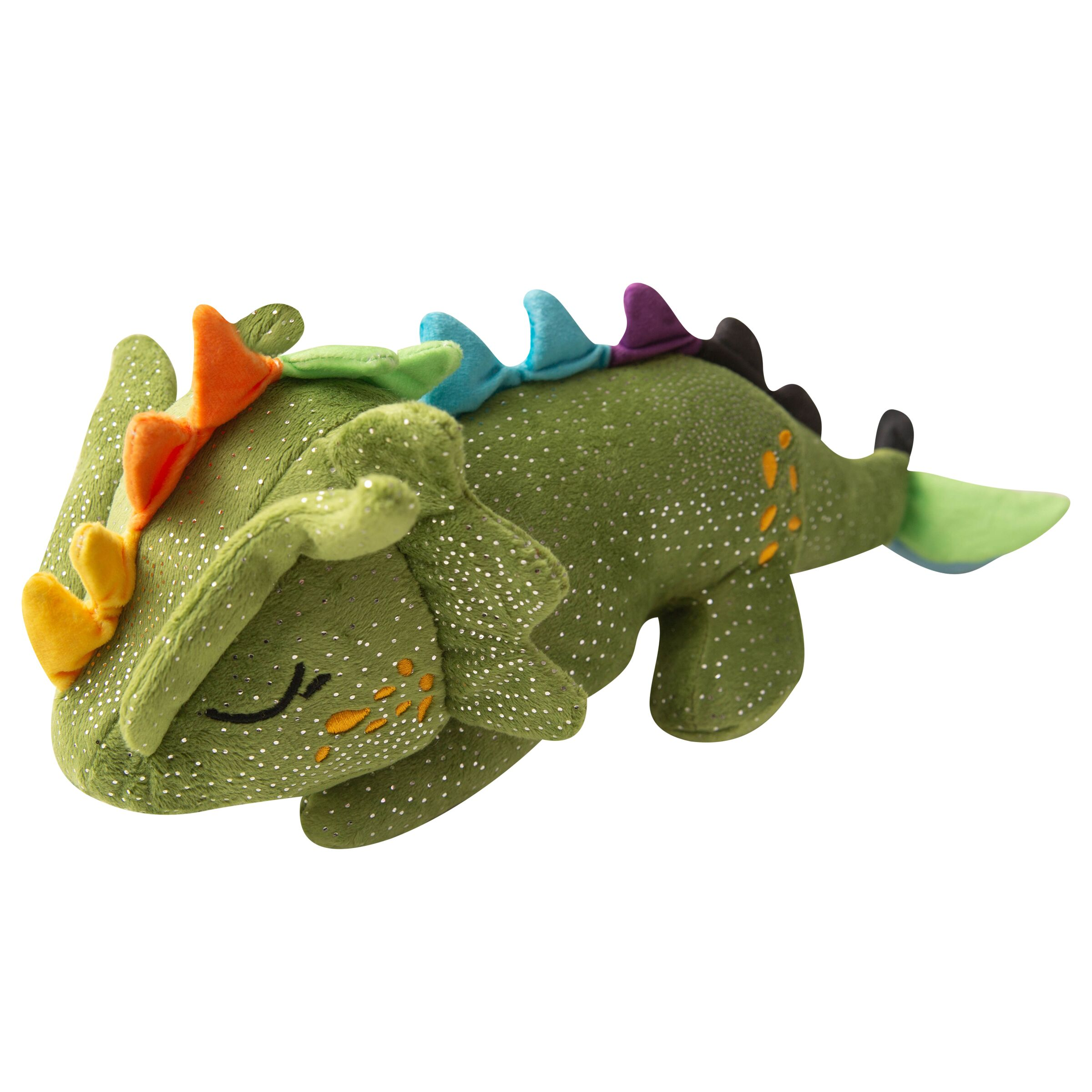 Introducing Drowsy the Dragon by Snugarooz—a soft, green plush dog toy shaped like a dinosaur, with closed eyes, orange spots, and colorful spikes along its back. This adorable eco-friendly toy is perfect for your furry friend!.