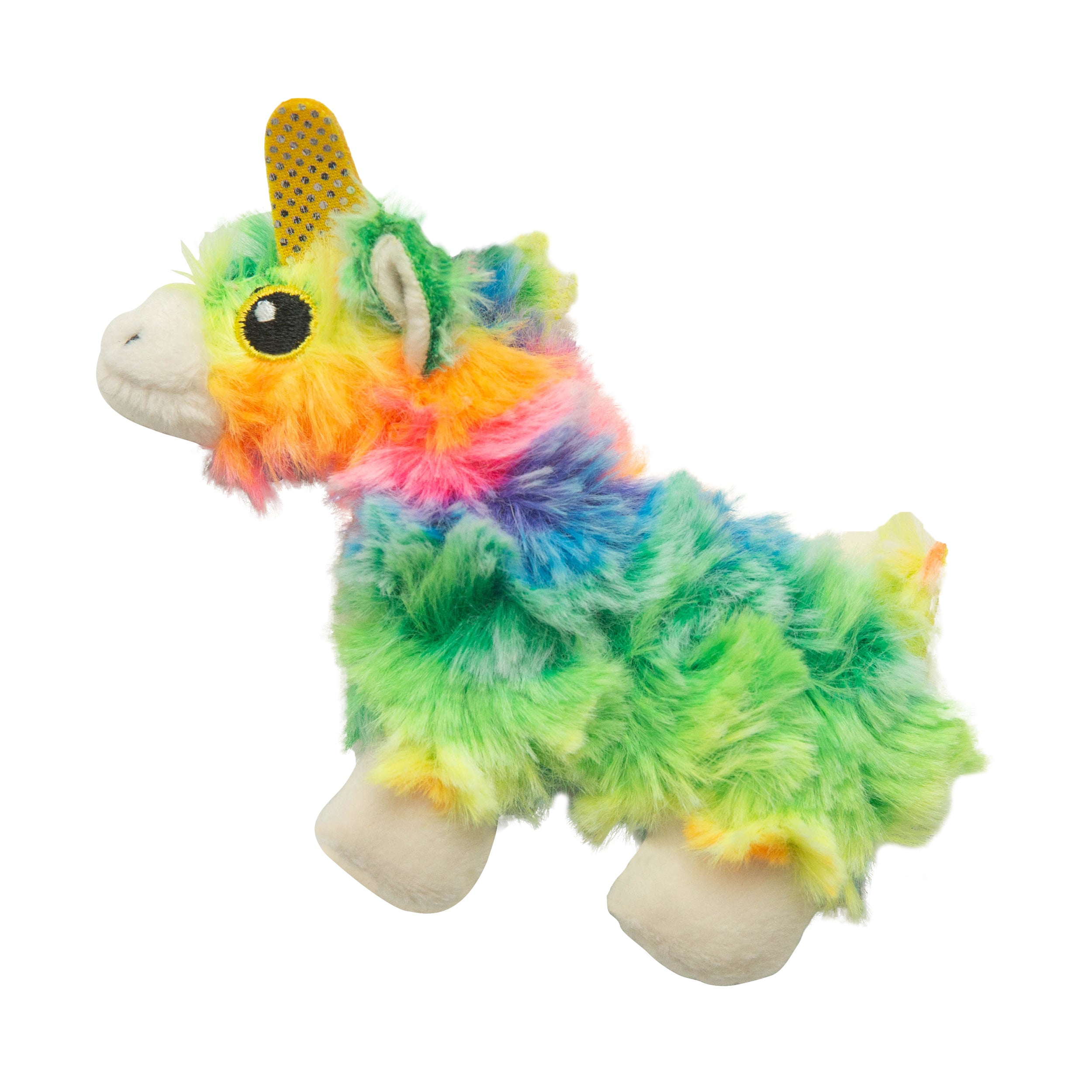 The Snugarooz Kitty Momma with Catnip is a plush cat toy shaped like a unicorn, featuring a yellow horn, fluffy multi-colored fur, white feet, and is perfect for playful kitties.