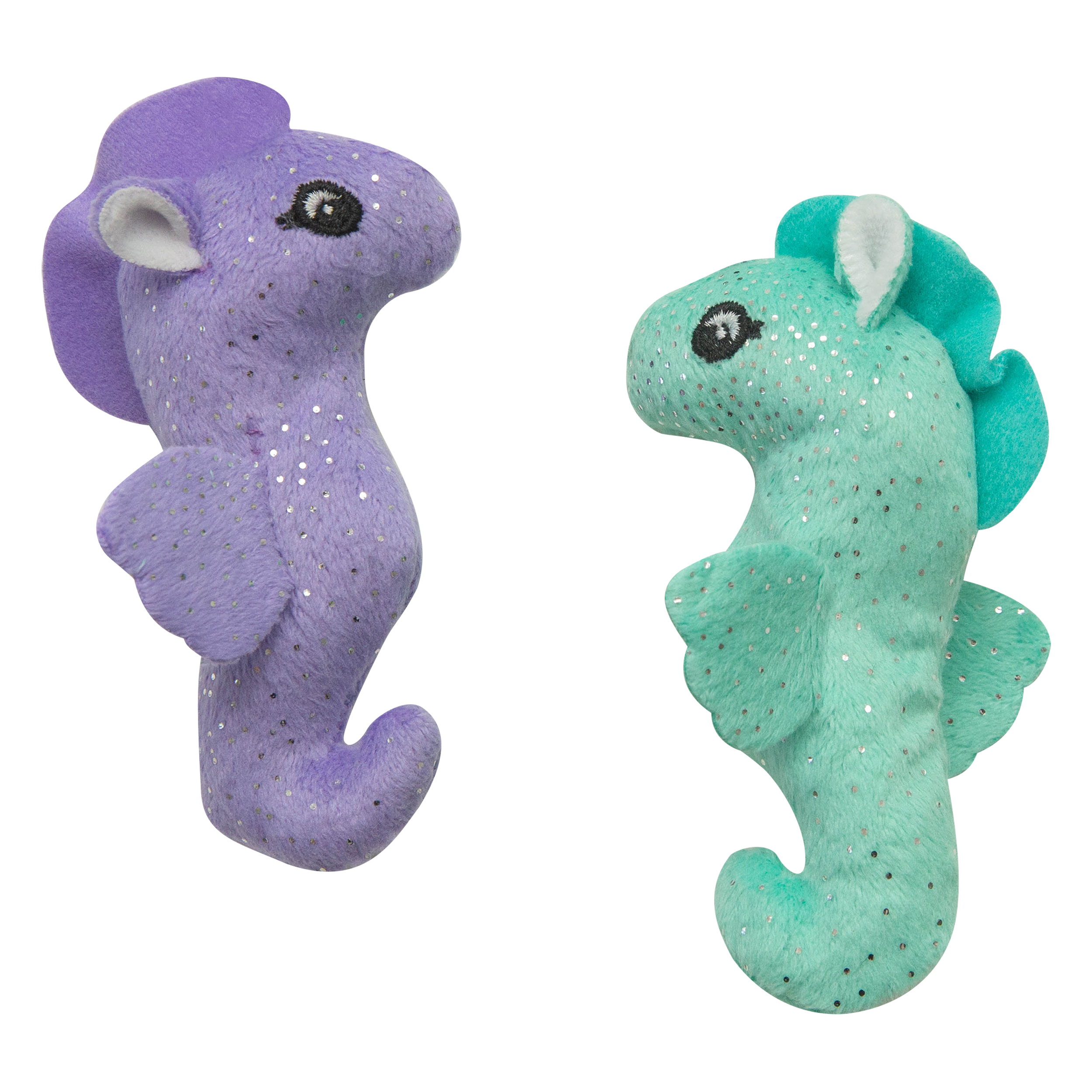 The Snugarooz Kitty Seahorse 2pk with Catnip features two plush seahorse cat toys—one purple with lavender accents and one turquoise with teal and white accents—both adorned with silver speckles, shown on a white background.