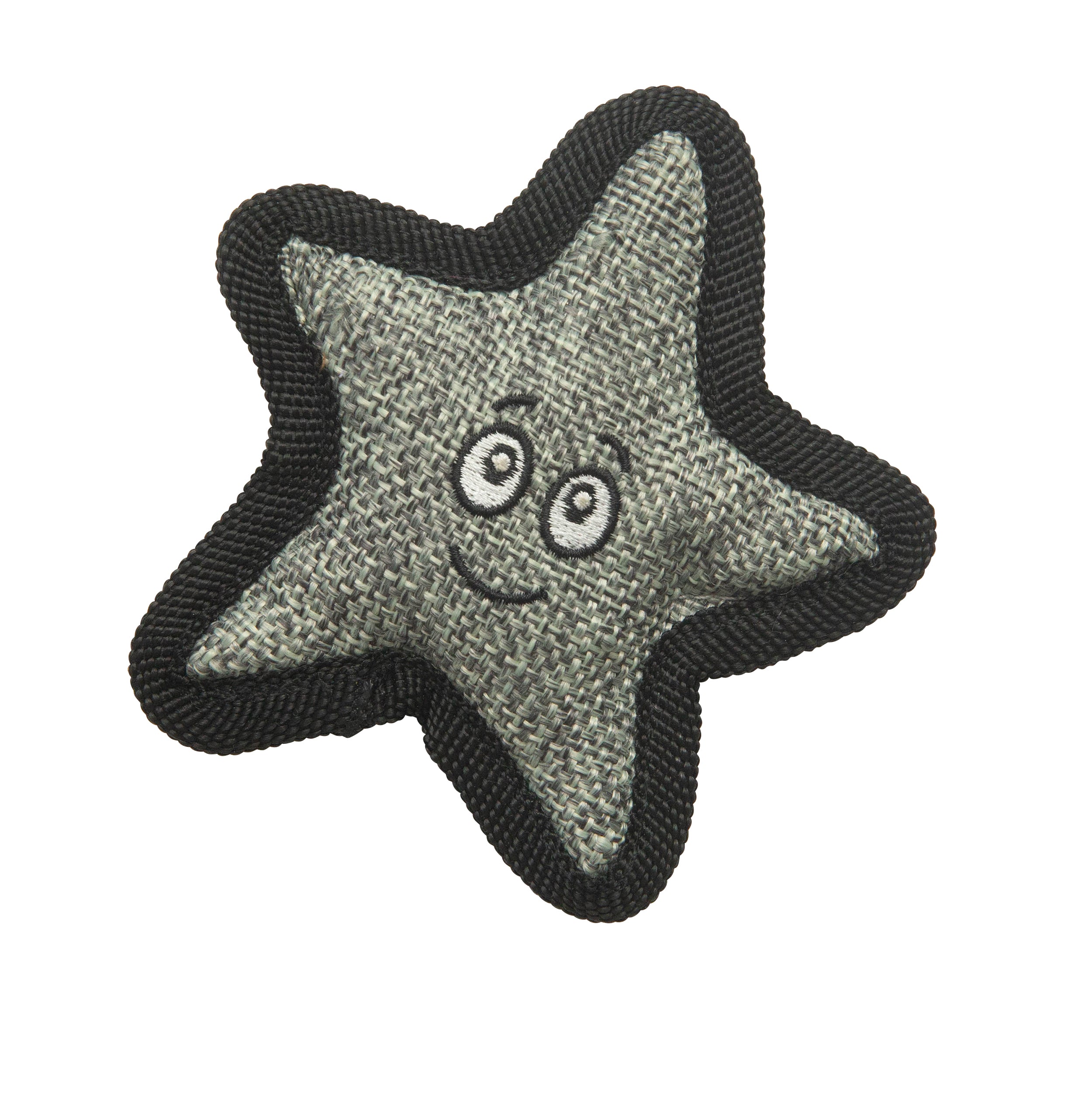 The Snugarooz Kitty Starfish with Catnip is a gray plush starfish cat toy featuring a black border, stitched smiley face, and cartoon eyes, shown on a white background.