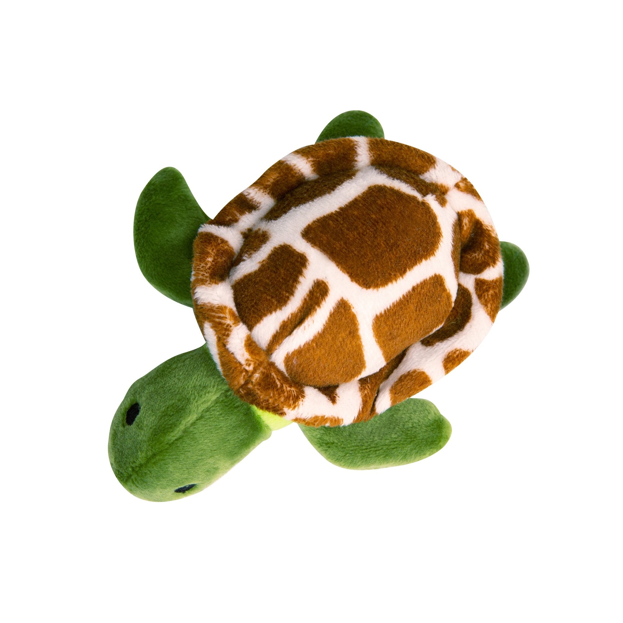 The Snugarooz Baby Shelldon is a 5-inch tall, 1.5-inch wide plush turtle toy with a green body and brown-and-white shell, ideal as a puppy or dog toy, shown on a white background with scalloped edges.