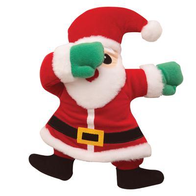 The Snugarooz Dabbing Santa plush dog toy features a festive Santa design with green mittens and a red suit, making it the perfect holiday toy for your pup!.