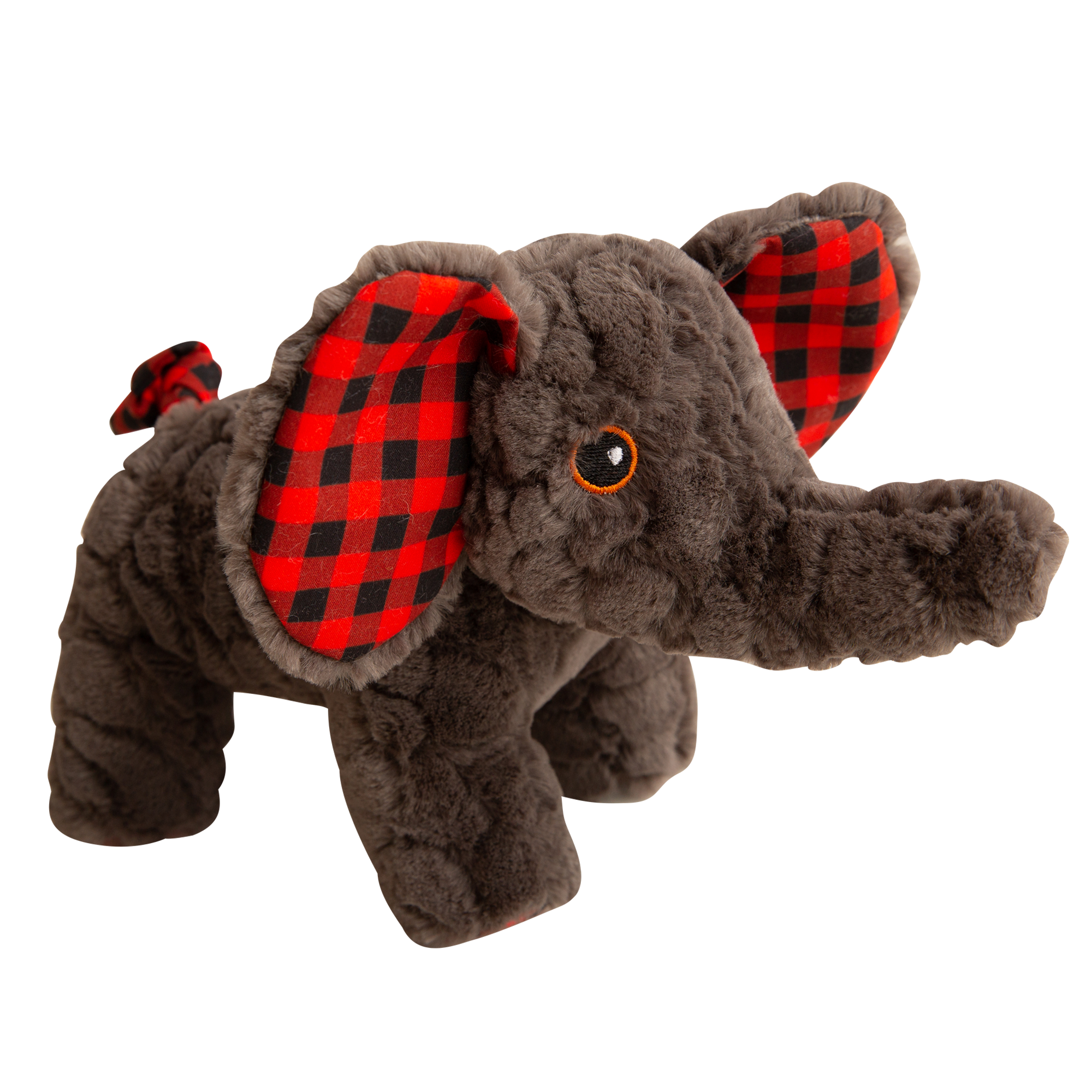 Infographic showing plastic bottles sorted, processed, and spun into fiber to fill Eli the Elephant, an eco-friendly dog toy by Snugarooz. Text at center reads Made from recycled water bottles. Each step is illustrated.