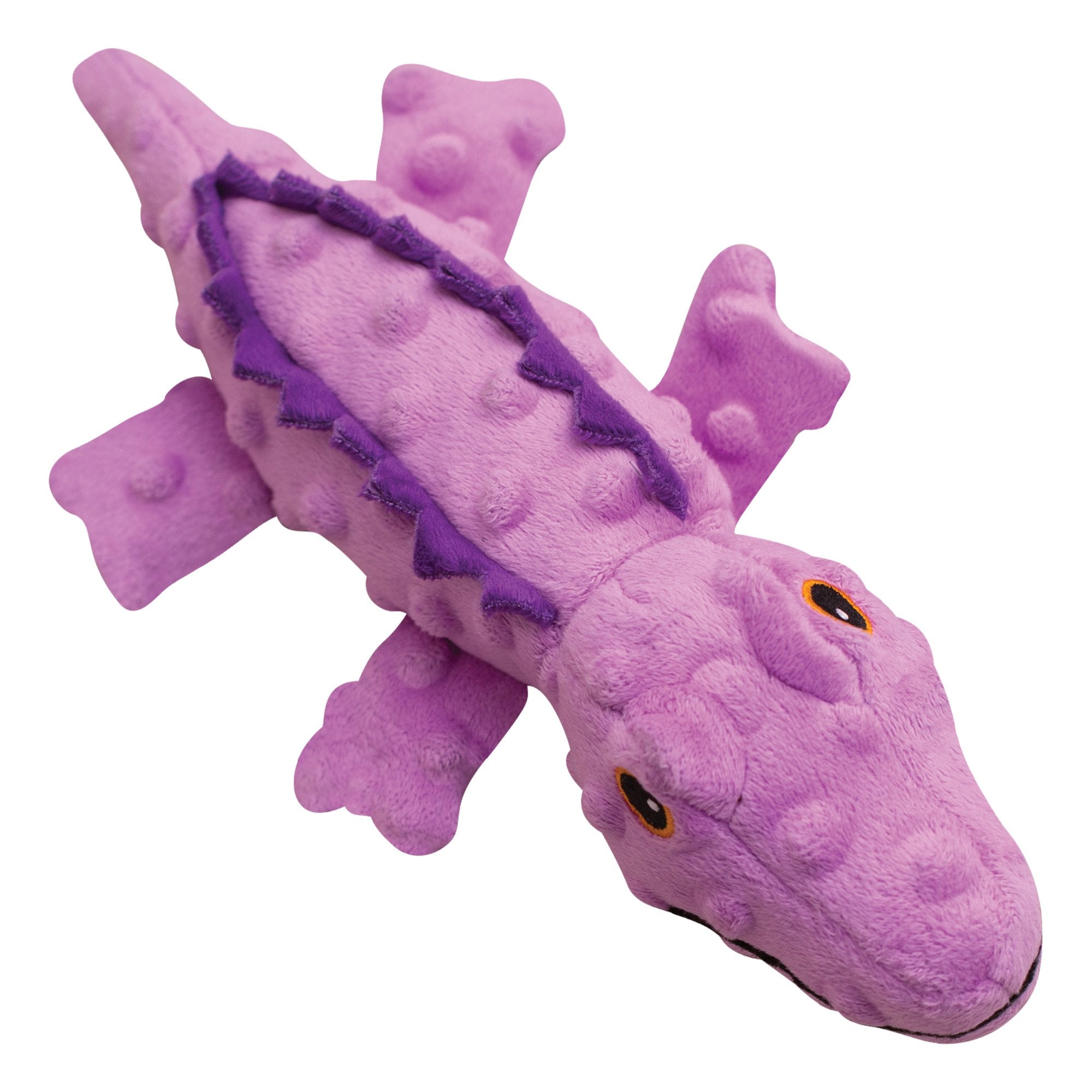 Ellie the Gator by Snugarooz is a soft, plush squeaky dog toy shaped like a purple alligator with textured bumps and yellow-black eyes, shown on a white background.