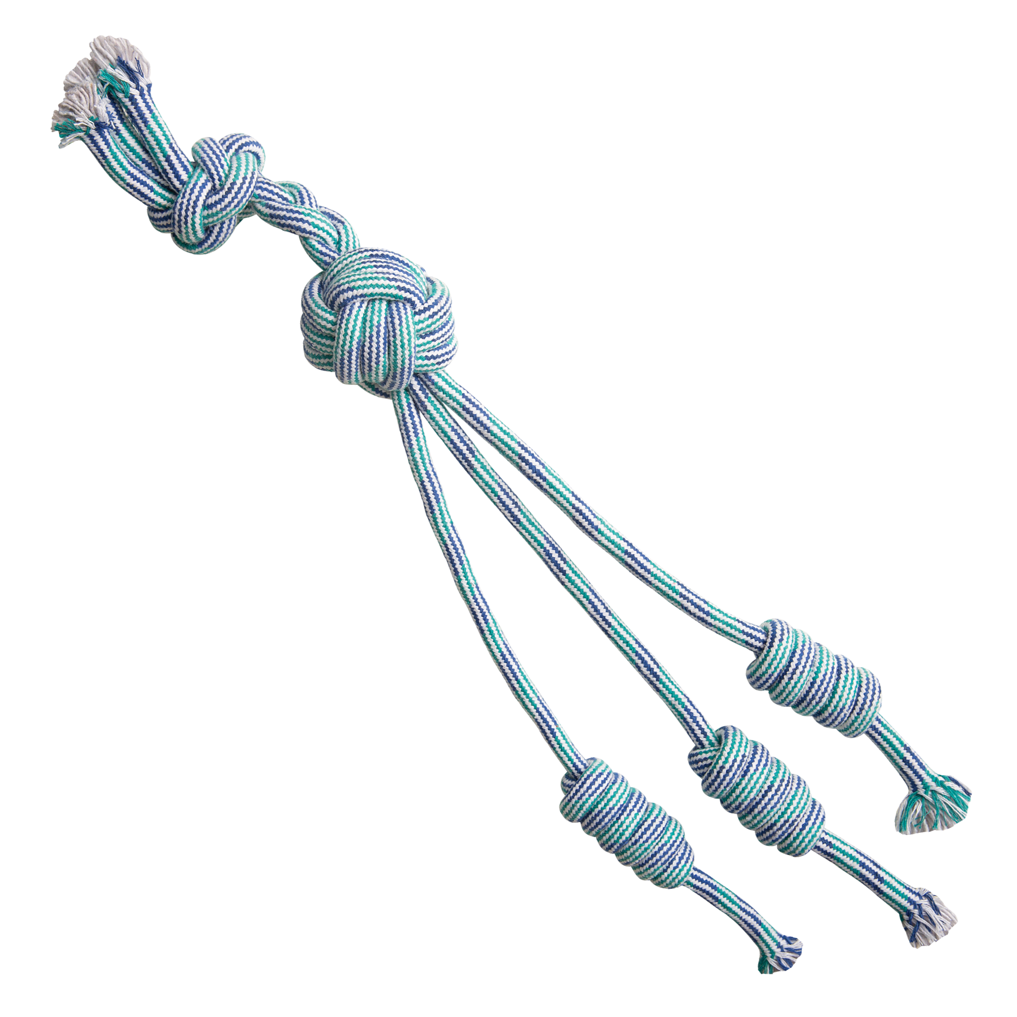 A colorful 23"x2.5" dog rope toy with knots is shown, labeled "Feel'N Knotty" by Snugarooz in playful pink letters at the top, highlighting this fun tug-of-war pet toy.