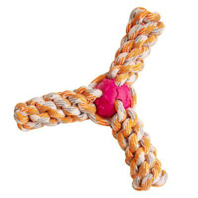 The Snugarooz Fling 'N Fun is a trident-shaped, durable dog chew toy made of braided orange, white, and yellow rope with a pink rubber center.