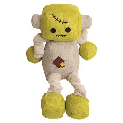 The Snugarooz Frank-N-Bot is a plush toy robot with a square green head, stitched mouth and eyes, patchwork details, beige body and limbs, green hands and feet—making it a fun Halloween toy for dogs.