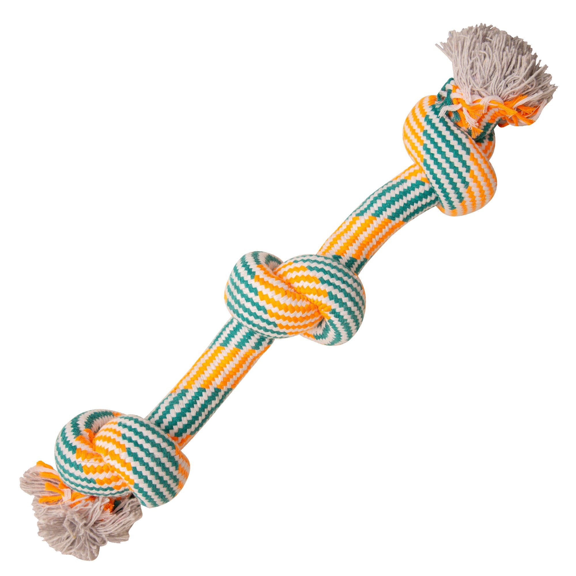 The Snugarooz Get'N Knotty dog toy features blue, green, and white stripes with knots at both ends and frayed tassels. Made from non-toxic materials, it's perfect for safe playtime with your pup.