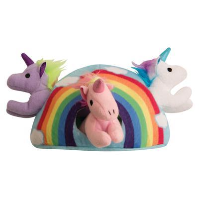 The Snugarooz Hide & Seek Rainbow features three plush unicorn dog toys—purple, pink, and white—hidden in a vibrant rainbow with clouds, creating a fun interactive toy that entertains pups as they discover each unicorn.