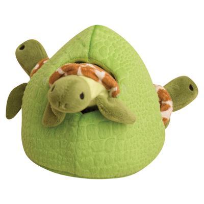 The Snugarooz Hide & Seek Reef is a soft, green plush turtle house with three small brown and green turtles that poke out of side holes—an interactive dog toy designed to provide mental stimulation for dogs.