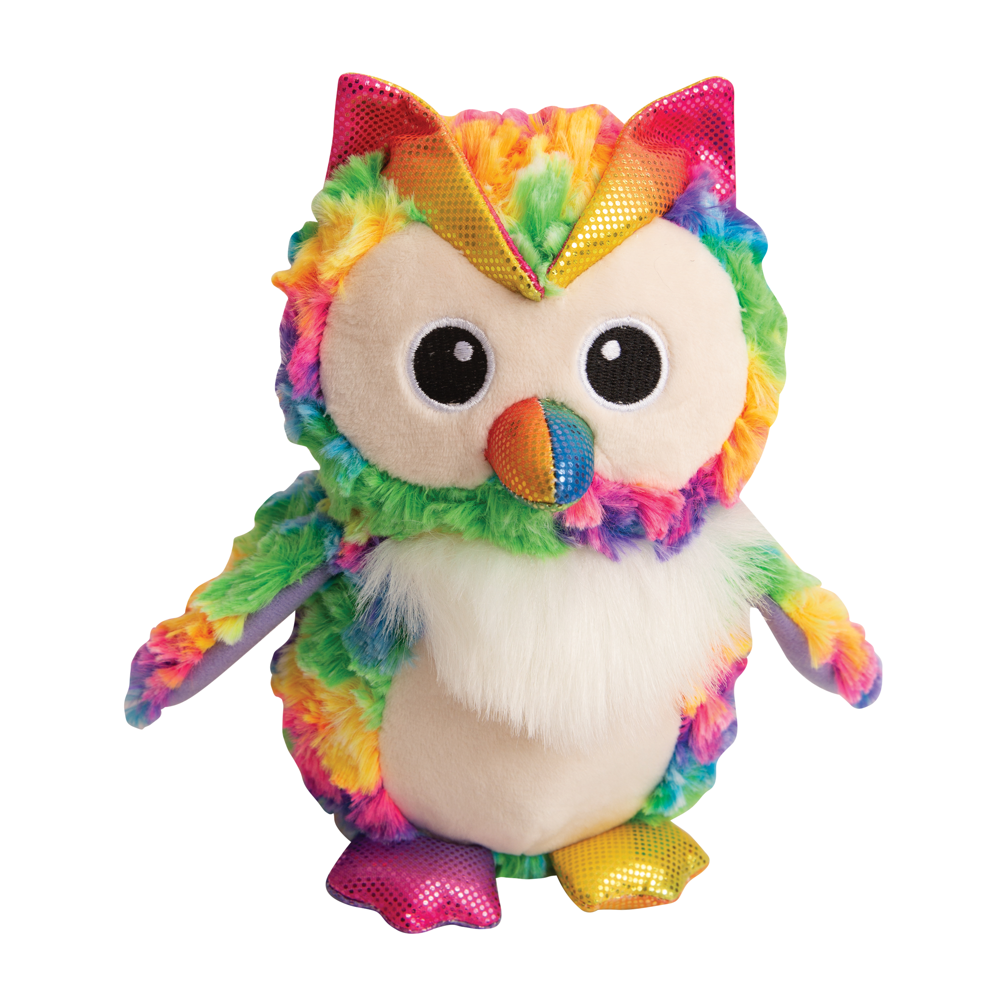 Infographic shows the recycling process: plastic water bottles are sorted, washed, turned into fiber, and used as stuffing for Snugarooz Hootie the Owl plush dog toy. Text reads Made from recycled water bottles.