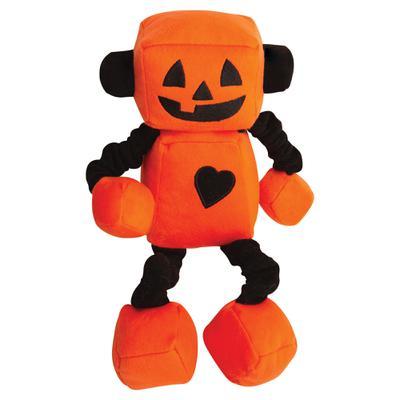 The Snugarooz Jack-O-Bot is a plush dog toy robot with an orange body, black heart on its chest, jack-o-lantern face, and black limbs—giving your pup spooky-cute Halloween fun.