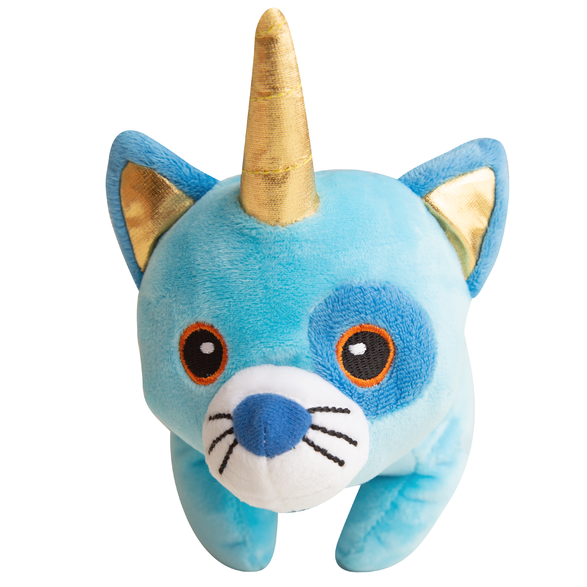 Kit the Caticorn by Snugarooz is a blue plush dog toy with a gold horn and orange ears, made from soft yet sturdy fabric. It's non-toxic, durable, compact, and perfect as a chew toy for small and medium-sized dogs.