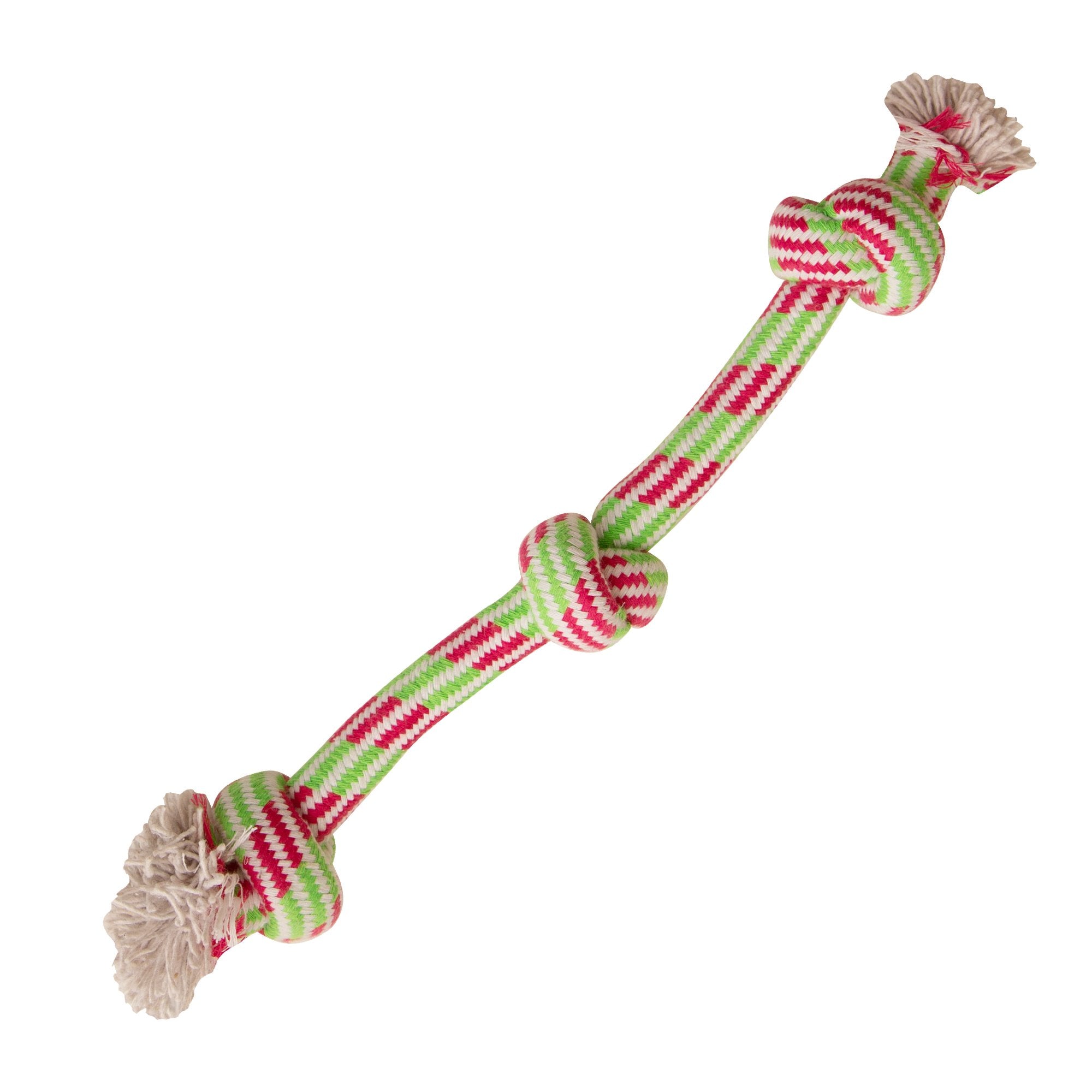 Three colorful, braided cotton Knotty 'N Nice dog rope toys by Snugarooz, each with knotted ends, are displayed on a textured green and teal background. The text highlights their durability and playful design for dogs.