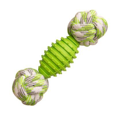 The Snugarooz Knot Yours Rope is a green, textured dog chew toy with a ribbed plastic center and white, green, and gray knotted rope ends—safe, non-toxic, and perfect for your pup to enjoy.