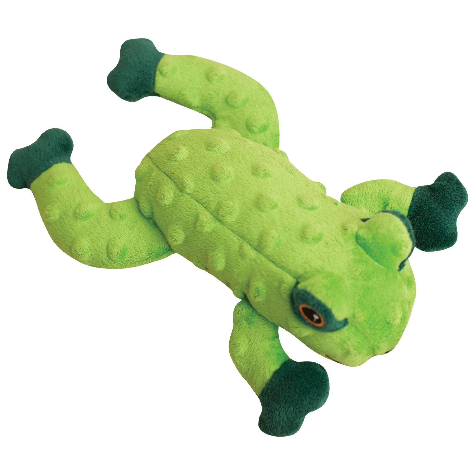 Infographic showing the recycling journey of water bottles: sorted, washed, turned to fiber, then used as stuffing for Snugarooz’s durable dog toy, Lilly the Frog. Center text: “Made from recycled water bottles.”.