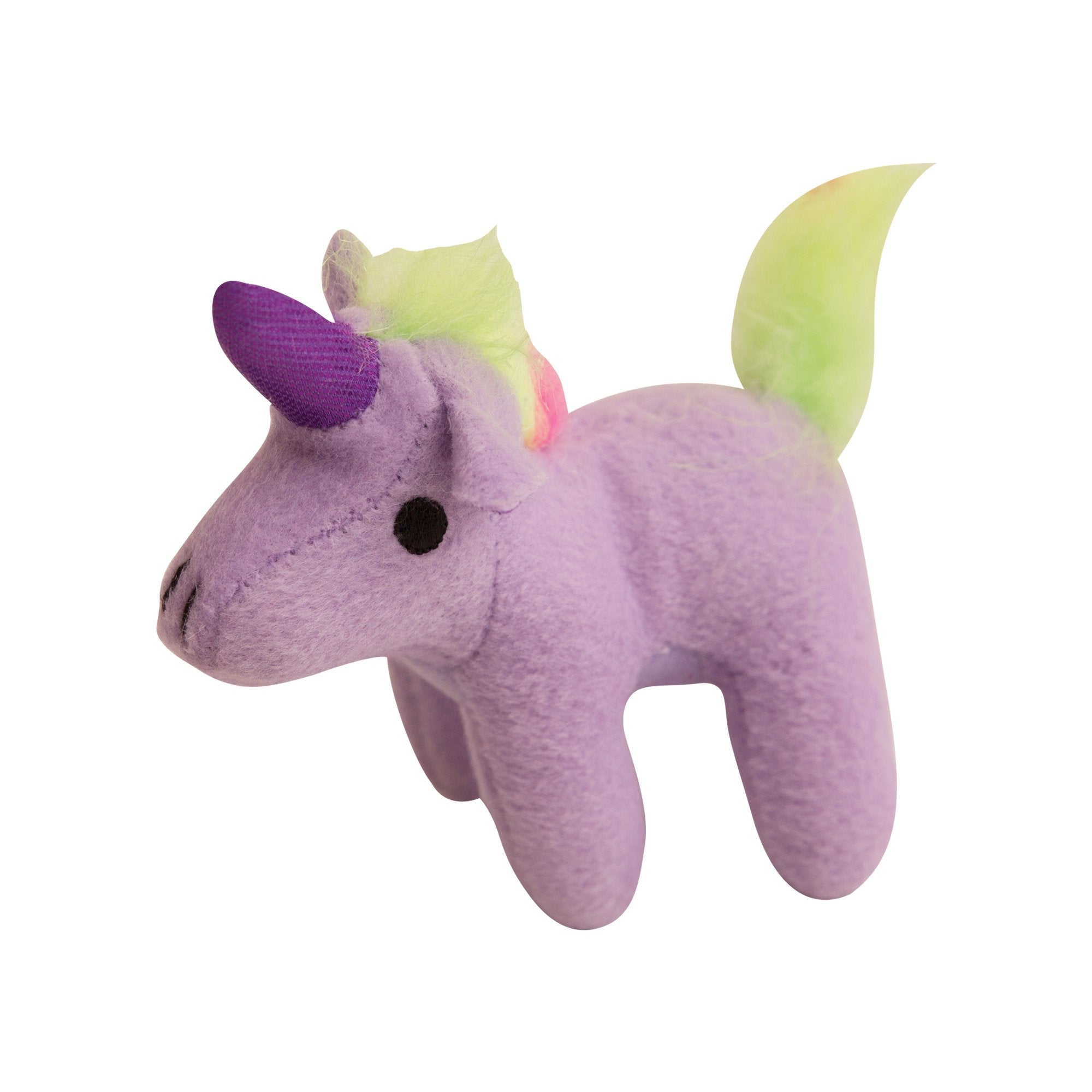 Infographic showing how Snugarooz Magical Unicorn plush toys are stuffed using fiber made from recycled water bottles—bottles are sorted, washed, turned to fiber, then used inside each toy. Blue background with clouds and simple drawings.