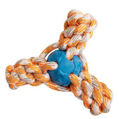 The Snugarooz Mini Fling 'N Fun is a small dog rope toy with orange, white, and gray ropes in a triangle shape and a textured blue rubber ball at the center—ideal for playful pups.