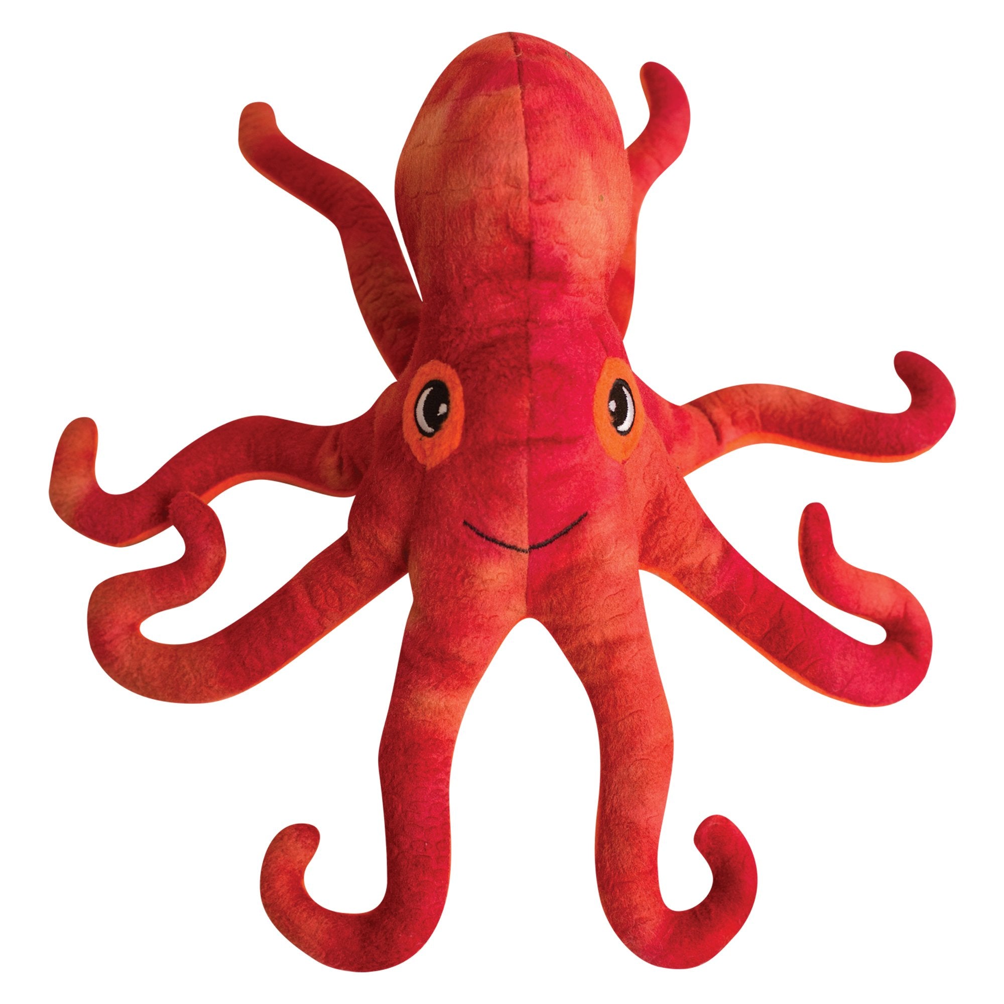 Infographic of Olivia the Octopus by Snugarooz: water bottles are sorted, washed, made into fiber, then used as eco-friendly stuffing for this durable dog toy. Text reads Made from recycled water bottles.