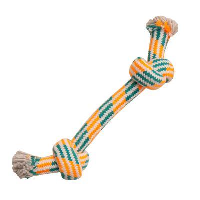 The Snugarooz Puppy Fun is a non-toxic rope toy for dogs with green, yellow, and white stripes, knotted ends, and frayed tips—perfect for safe chewing and fun playtime.