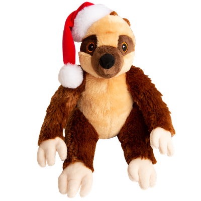 The Snugarooz Sasha Claus is a plush sloth dog toy with brown and beige fur wearing a red and white Santa hat. It sits upright with arms and legs spread out against a plain white background.