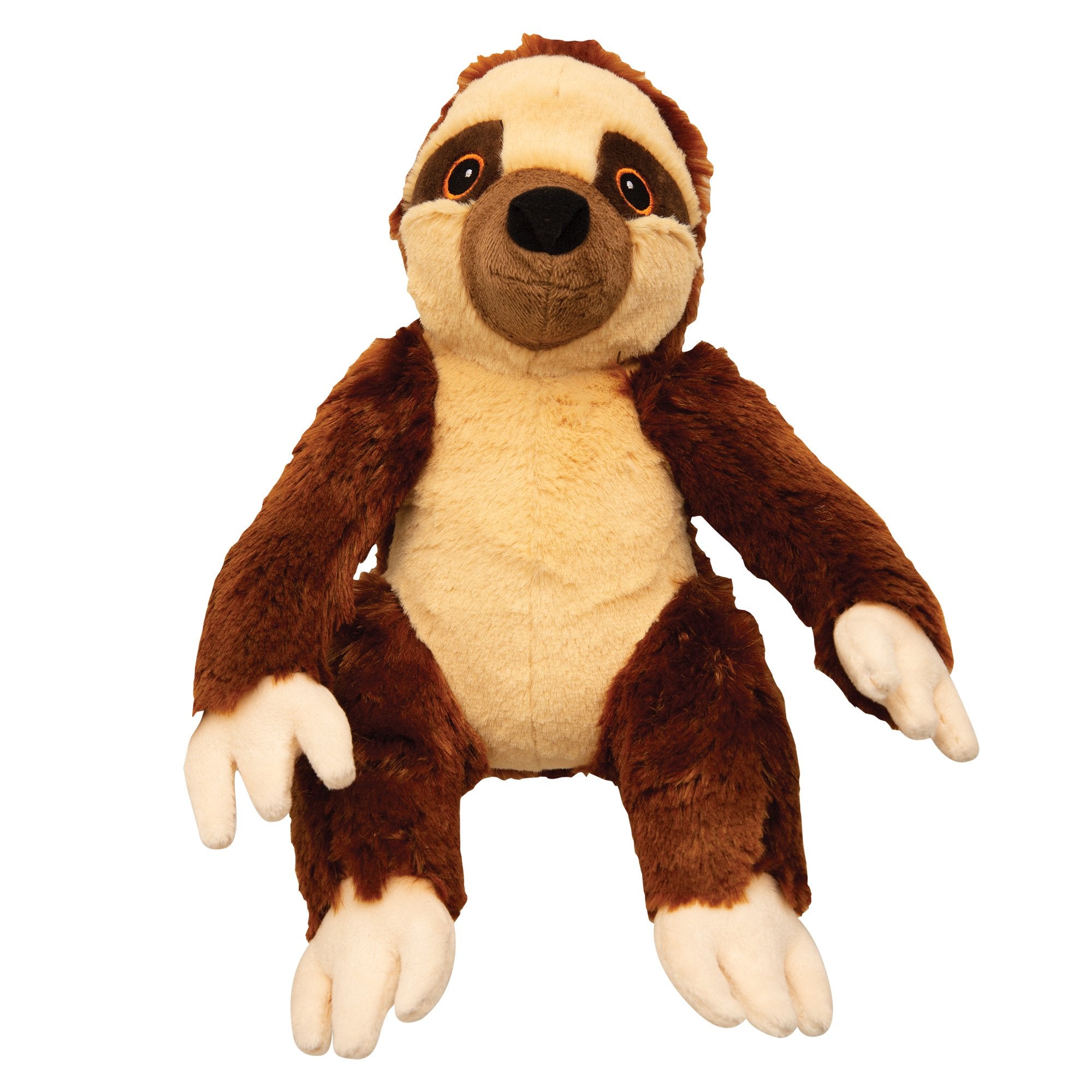 Infographic showing water bottles being recycled into fiber and used as stuffing for toys. Center text: Made from recycled water bottles for Snugarooz Sasha the Sloth plush dog toy stuffing.