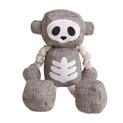 The Snugarooz Skel-O-Bot is a gray fabric dog toy with rope arms, square hands and feet, a round head, and a white bone-like design—durable and perfect for spooky Halloween fun.