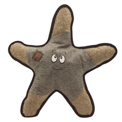 Snugarooz's Sophie the Starfish is a plush dog toy with a smiling face and patch, crafted from textured brown and beige fabric. Features BALL INSIDE with a red spiky rubber ball for long-lasting, adorable play.