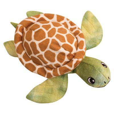 Shelldon the Turtle by Snugarooz is a plush dog toy for medium-sized dogs, featuring a green head and flippers, a brown shell with cream giraffe-like spots, and big cartoon eyes—ideal for cuddling or chewing.