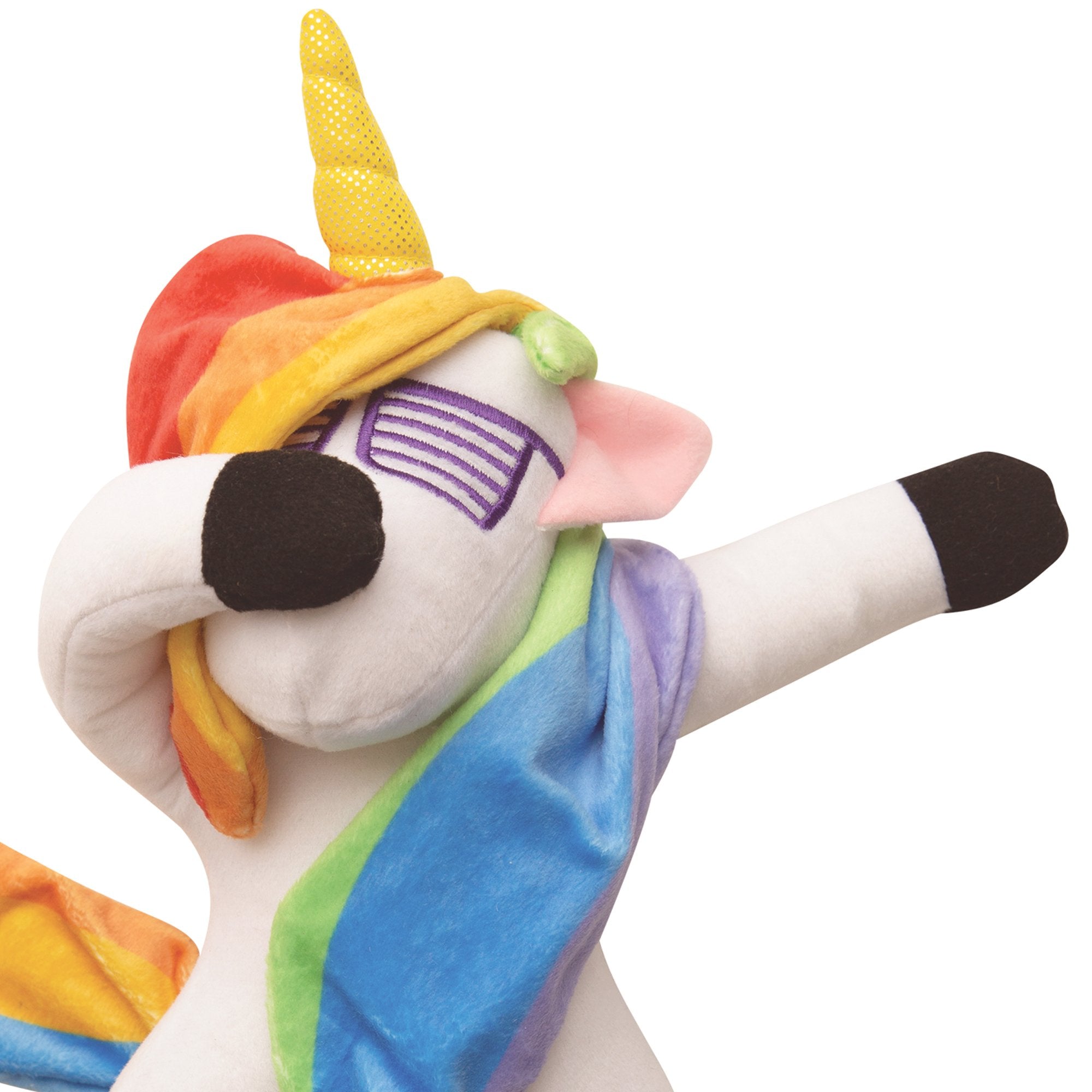 Dab the Unicorn by Snugarooz is a playful plush dog toy featuring a yellow horn, rainbow mane and tail, purple glasses, and a red cap—striking a dabbing pose for your pet to enjoy.