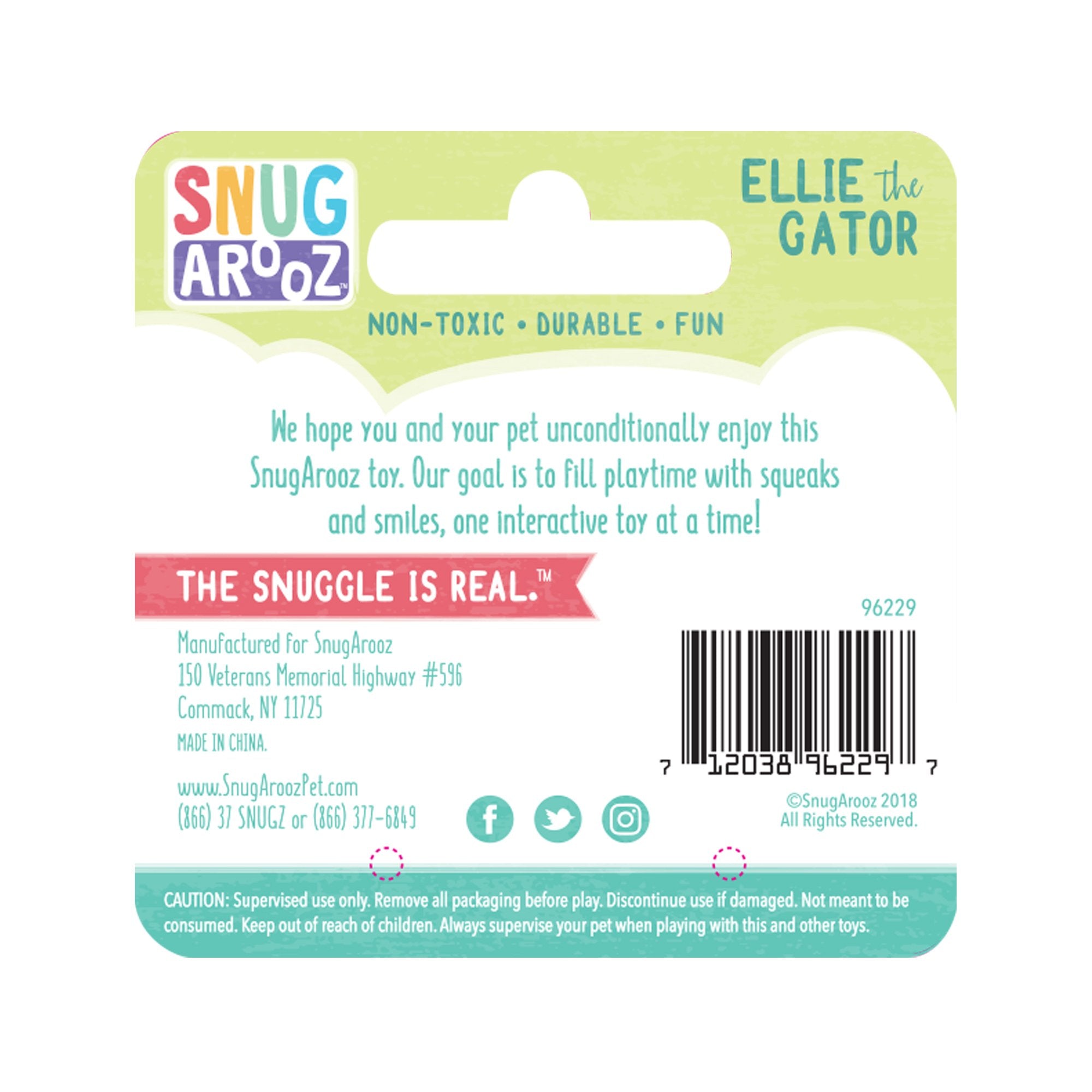 Ellie the Gator by Snugarooz is a soft, plush squeaky dog toy shaped like a purple alligator with textured bumps and yellow-black eyes, shown on a white background.