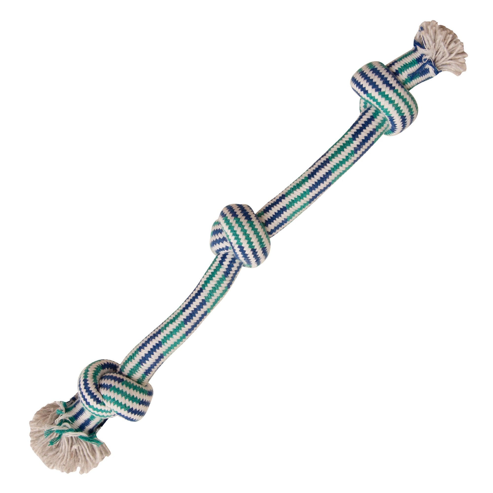 Three colorful, braided cotton Knotty 'N Nice dog rope toys by Snugarooz, each with knotted ends, are displayed on a textured green and teal background. The text highlights their durability and playful design for dogs.