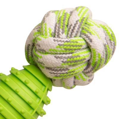 The Snugarooz Knot Yours Rope is a green, textured dog chew toy with a ribbed plastic center and white, green, and gray knotted rope ends—safe, non-toxic, and perfect for your pup to enjoy.