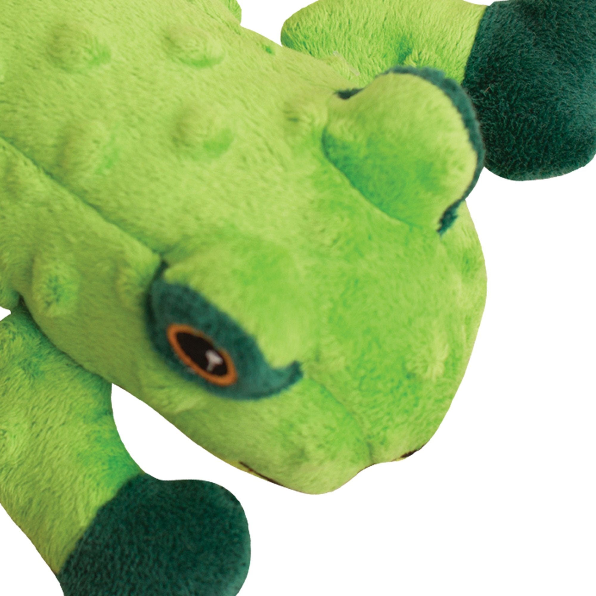 Infographic showing the recycling journey of water bottles: sorted, washed, turned to fiber, then used as stuffing for Snugarooz’s durable dog toy, Lilly the Frog. Center text: “Made from recycled water bottles.”.