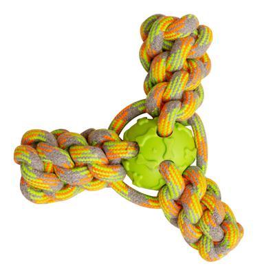 The Snugarooz Mini Fling 'N Fun is a small dog rope toy with orange, white, and gray ropes in a triangle shape and a textured blue rubber ball at the center—ideal for playful pups.