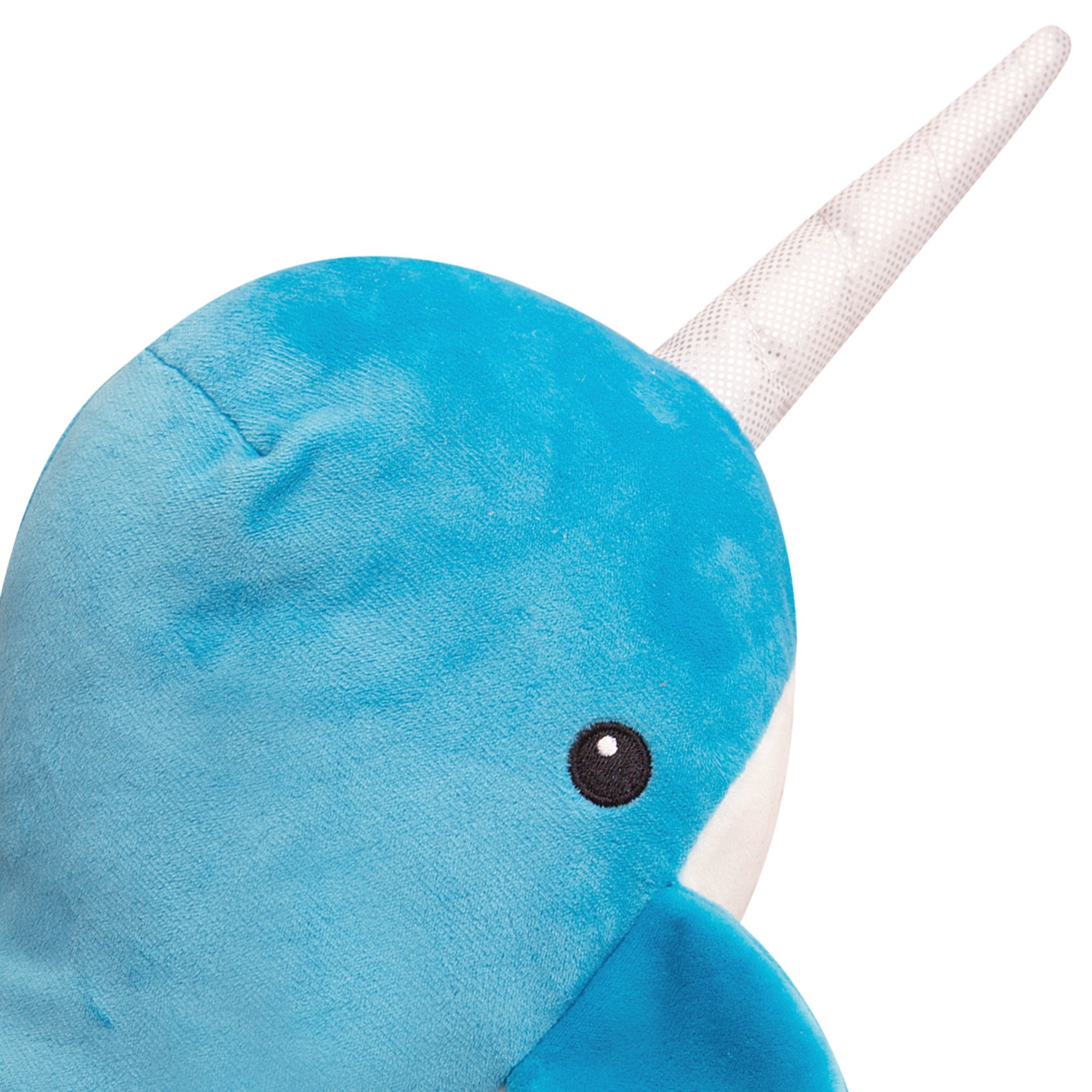 Infographic showing plastic water bottles being sorted, washed, turned into fiber, and used as stuffing for Snugarooz’s Nikki the Narwhal plush toy. Text reads: Made from recycled water bottles.