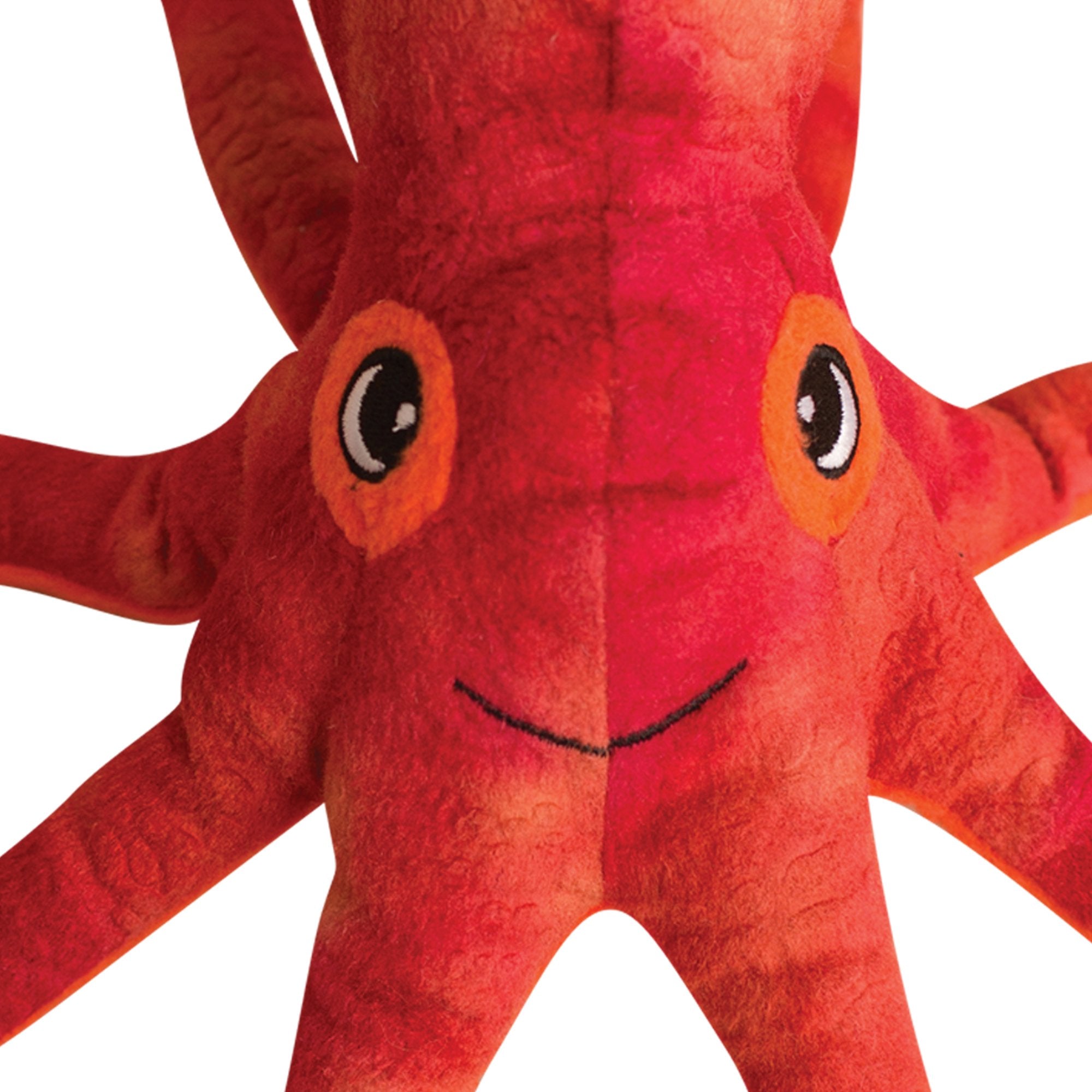 Infographic of Olivia the Octopus by Snugarooz: water bottles are sorted, washed, made into fiber, then used as eco-friendly stuffing for this durable dog toy. Text reads Made from recycled water bottles.