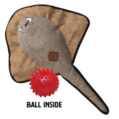 Sally the Stingray by Snugarooz is an eco-friendly plush dog toy with a stitched patch, cartoon eyes, and a hidden red spiky ball inside—perfect for playful pups. "BALL INSIDE" appears below the toy.